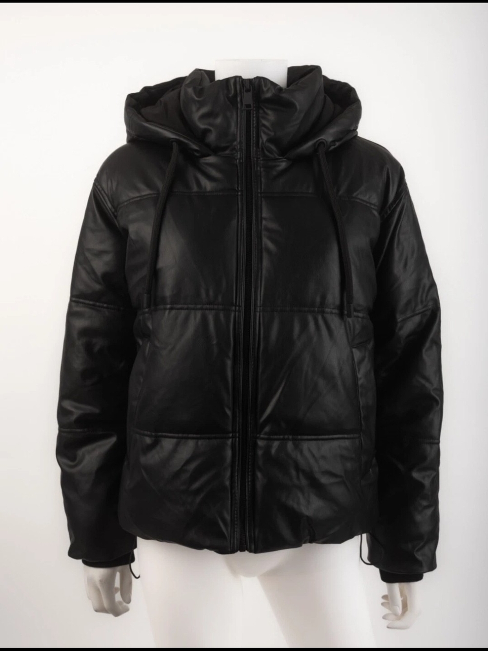 Zara Womens Black Faux Leather Hooded Puffer Jacket Coat XS
